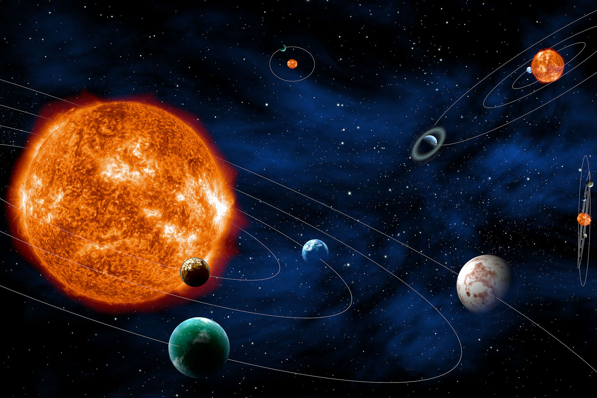 An orange planet with smaller planets orbiting